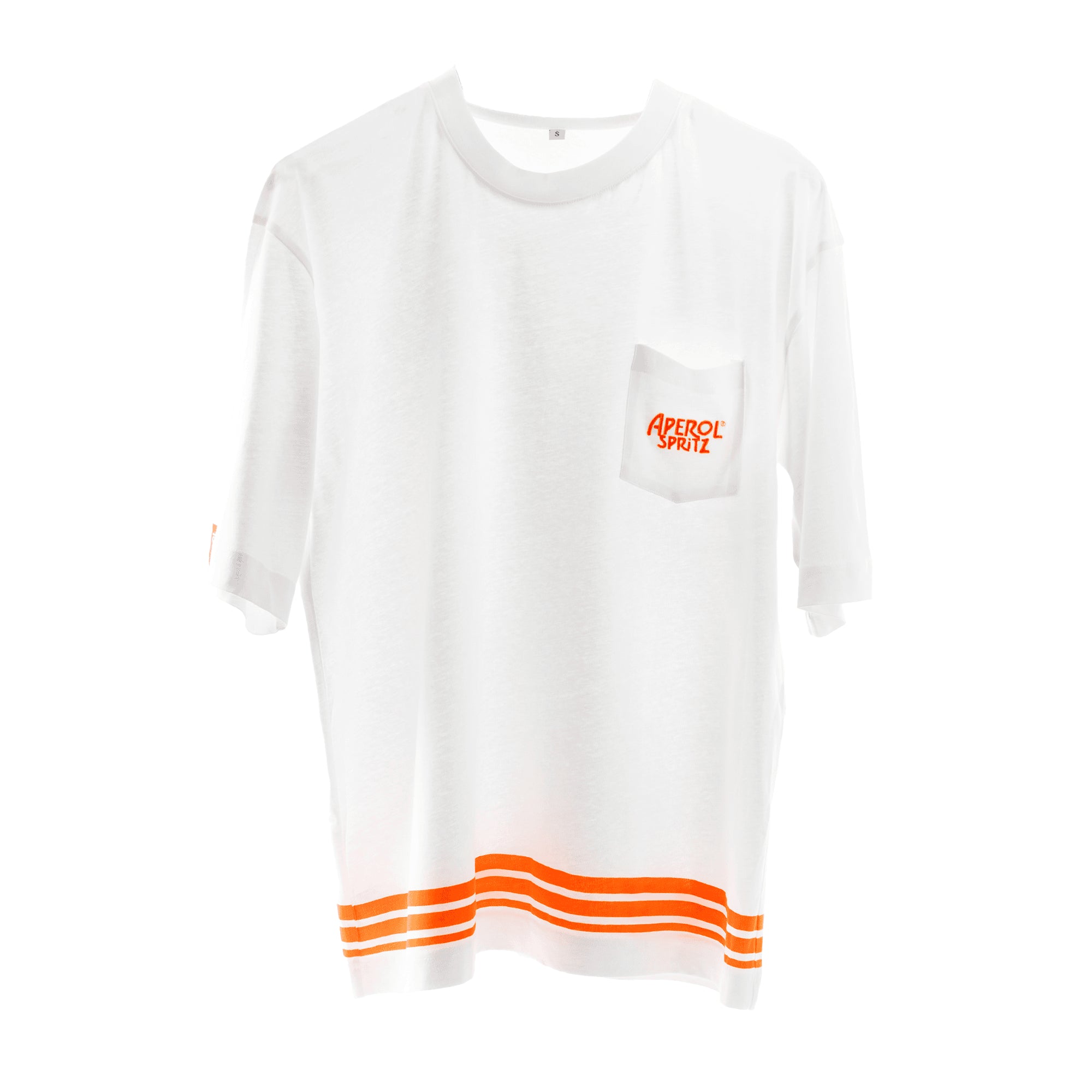 White t-shirt with orange Aperol Spritz logo on the chest pocket and orange wave stripes at the bottom hem.