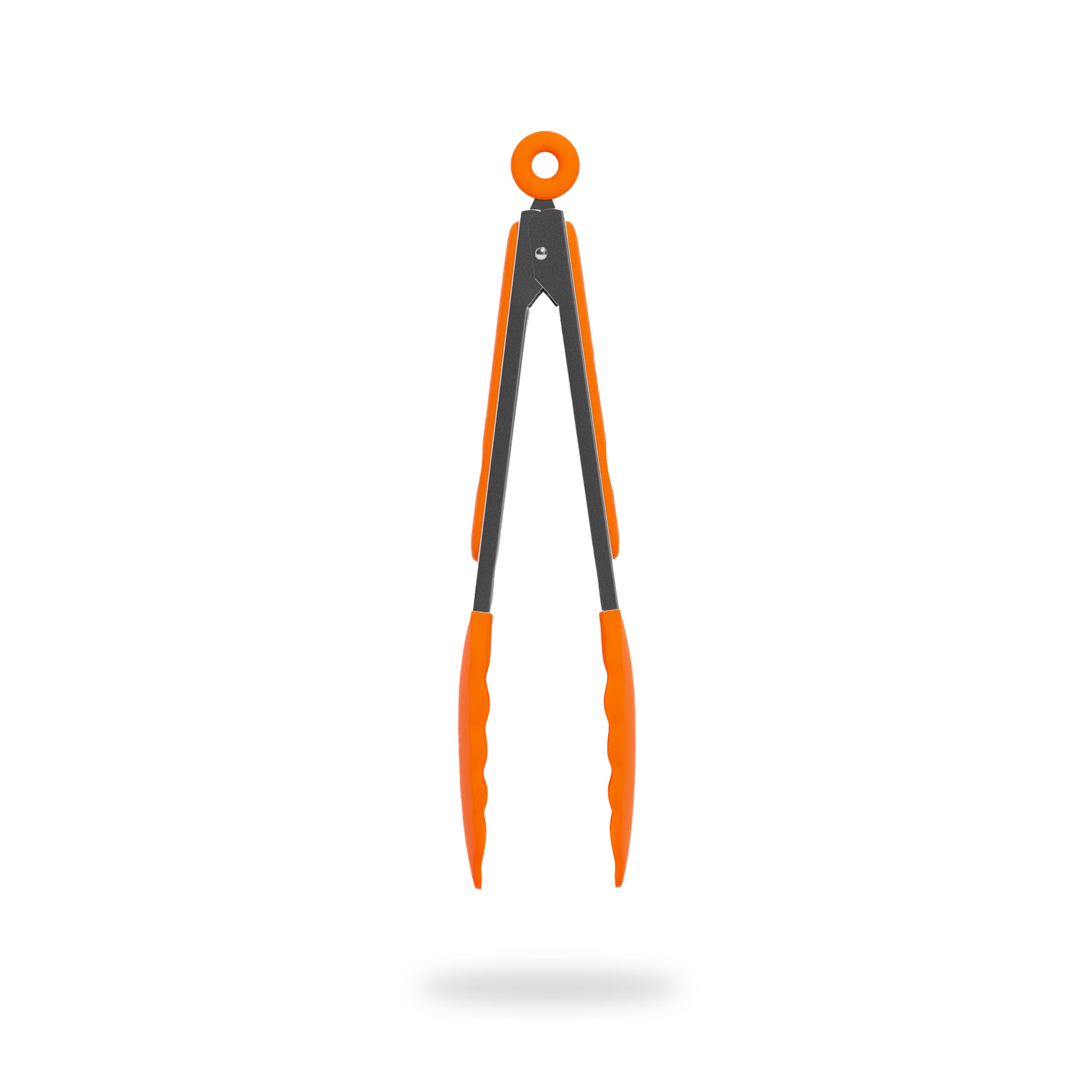 Front view of Aperol kitchen tongs with black handles and orange silicone tips, floating against a white background.