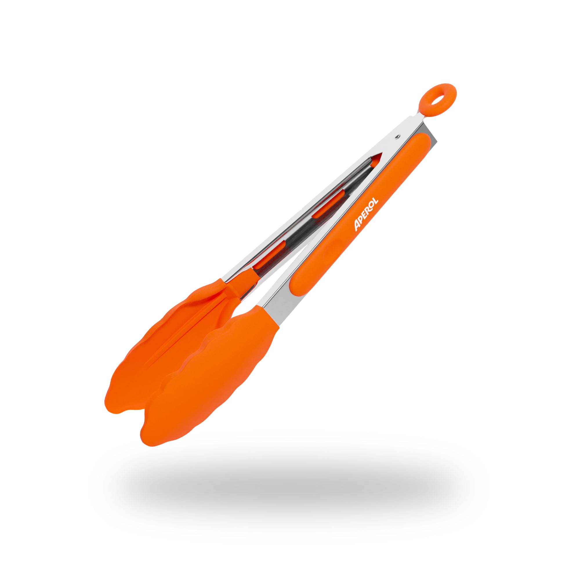 Aperol kitchen tongs made of stainless steel with orange silicone tips and ergonomic grip, floating against a white background.