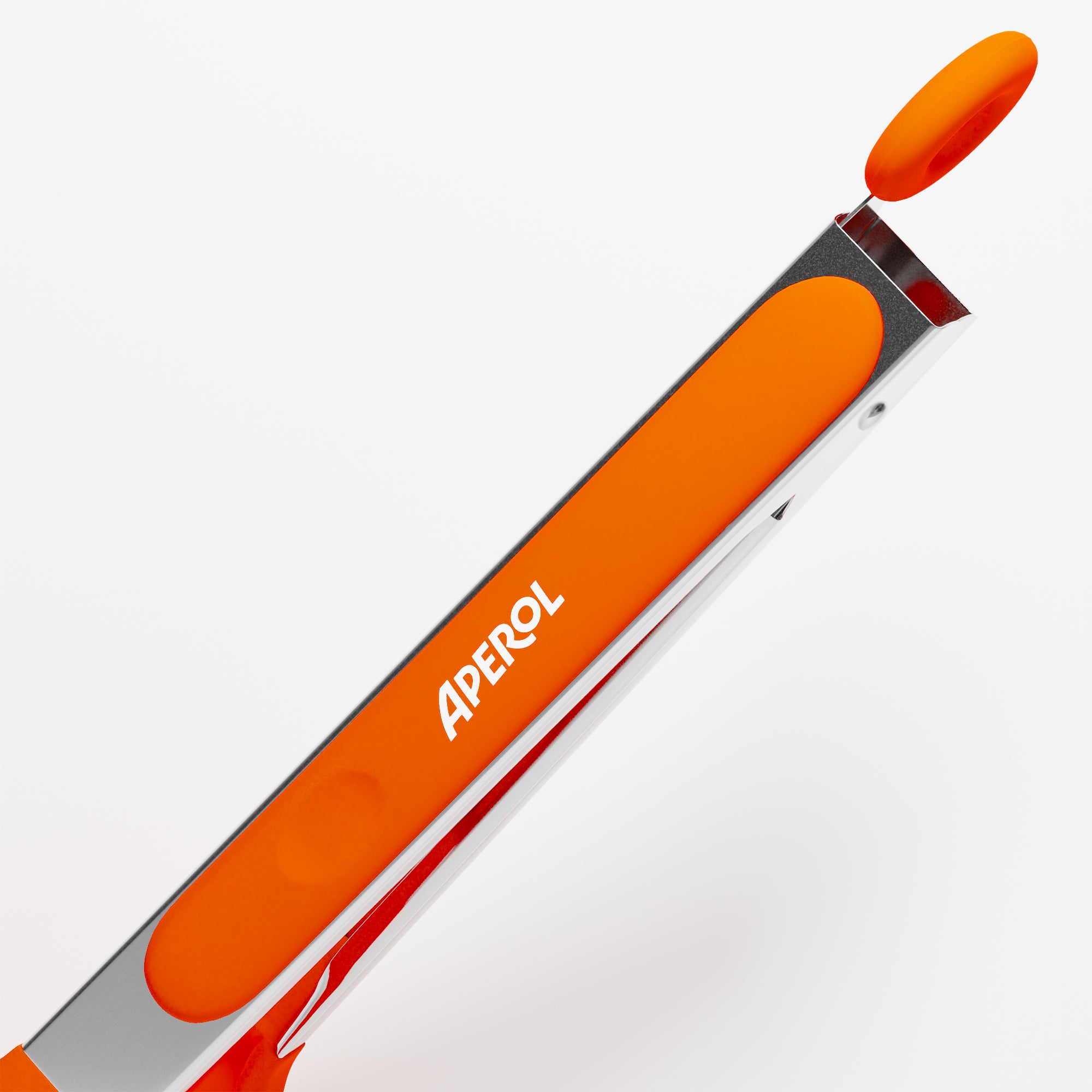 Close-up of the Aperol kitchen tong handle in stainless steel with orange coating, featuring a hanging loop and the Aperol logo printed in white.