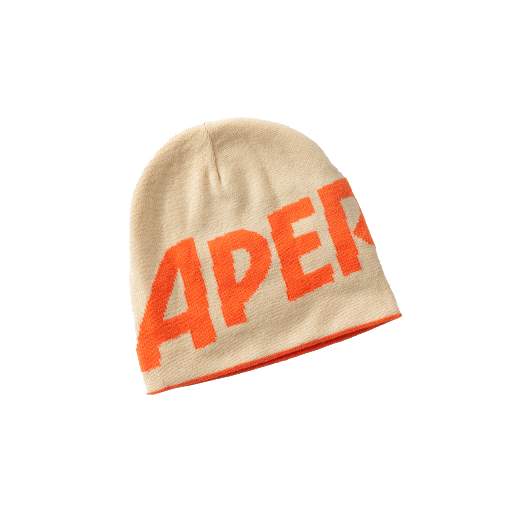 Reversible beige winter beanie with “APEROL” in bold orange capital letters on the front.