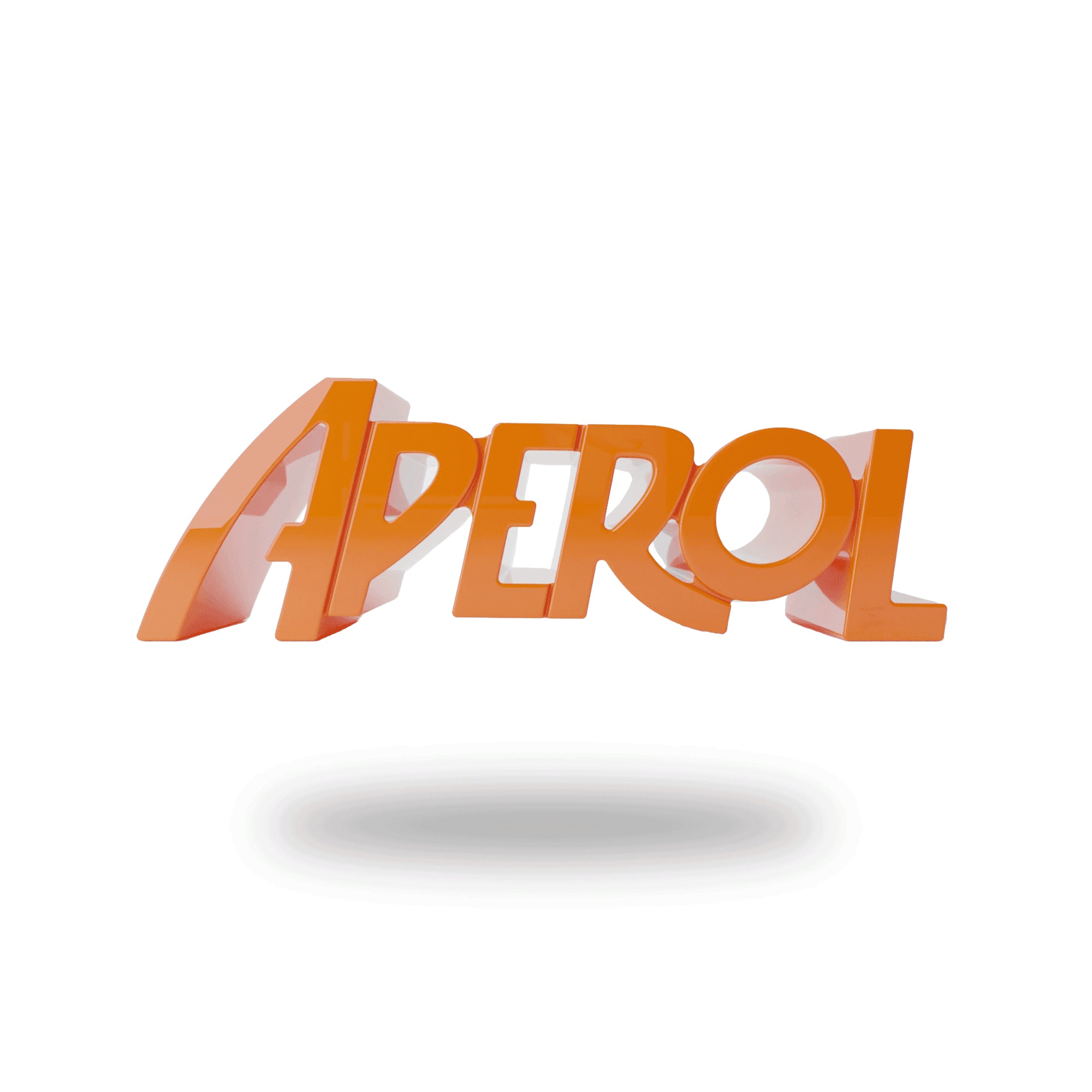 Glossy orange bench shaped like the word “APEROL”, shown from a front three-quarter angle, floating above a white background.