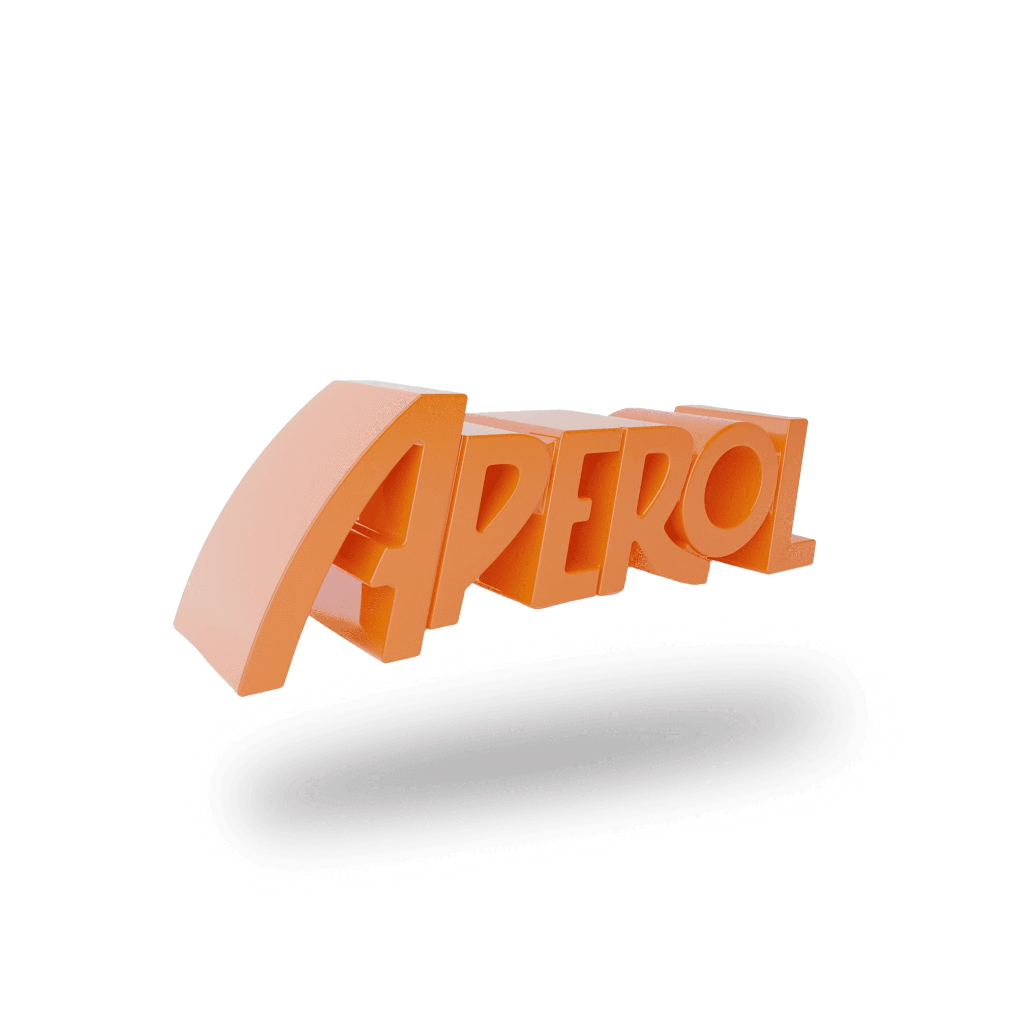 Orange bench shaped like the “APEROL” logo, featuring bold, rounded letters used as seating, floating on a white background.
