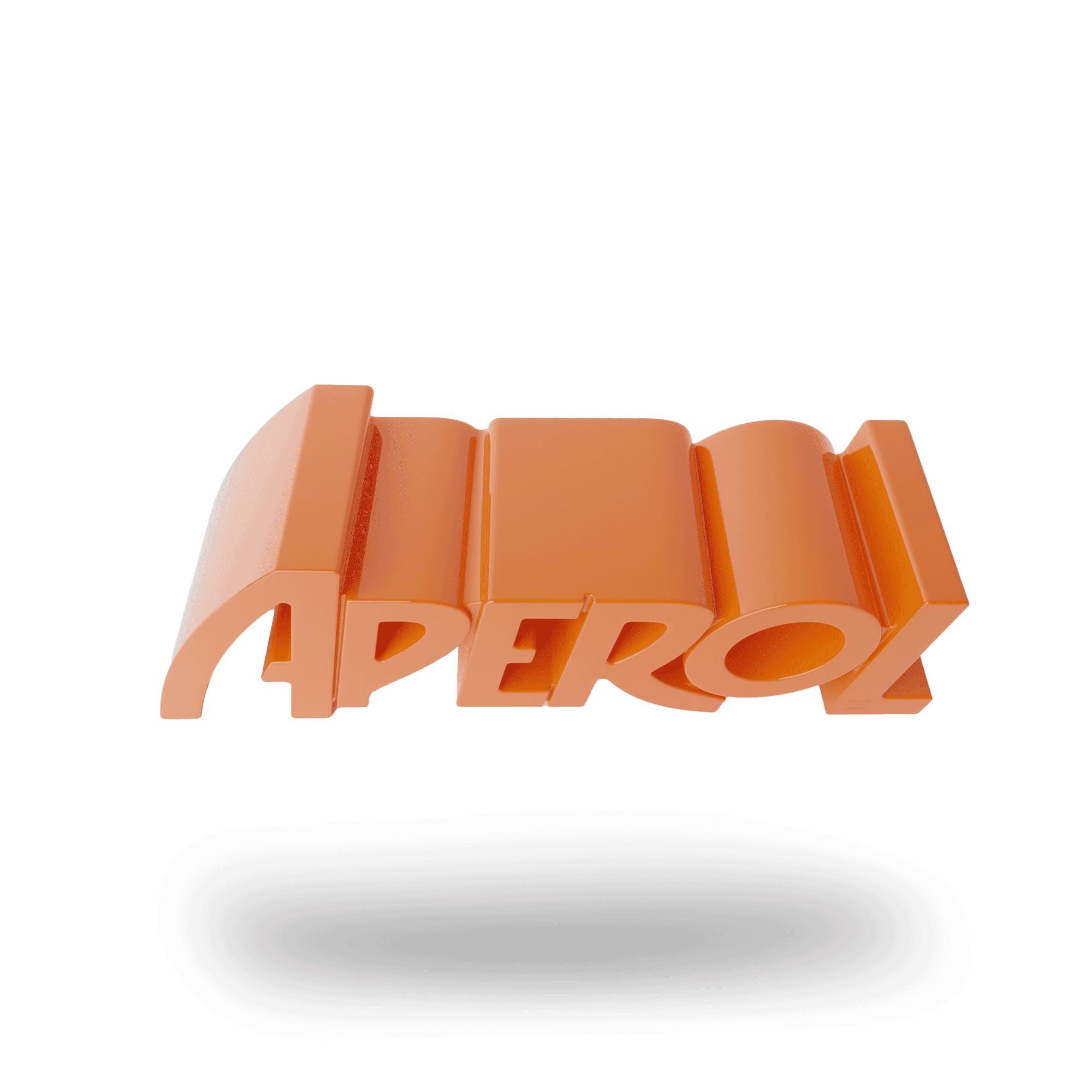 Design bench shaped like the word “APEROL”, front view, in bright orange with a smooth glossy surface, floating above a white background.