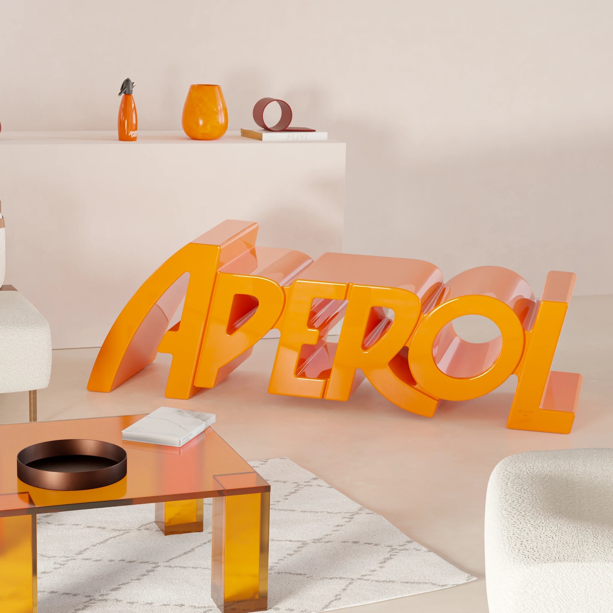 Glossy orange Aperol bench shaped like the brand's logo, placed in a modern beige and orange living room