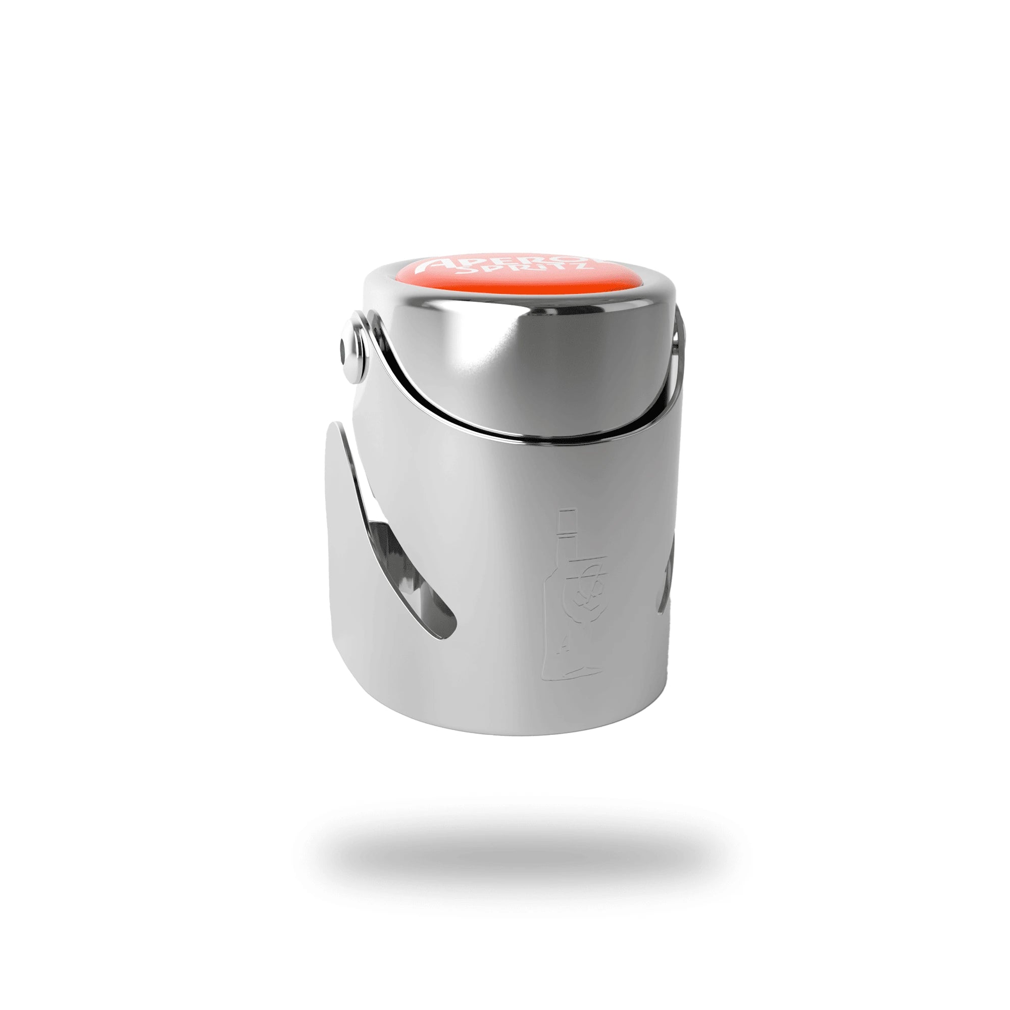 Chrome-finish metal bottle stopper, side view, with an orange top button featuring the "Aperol Spritz" logo.