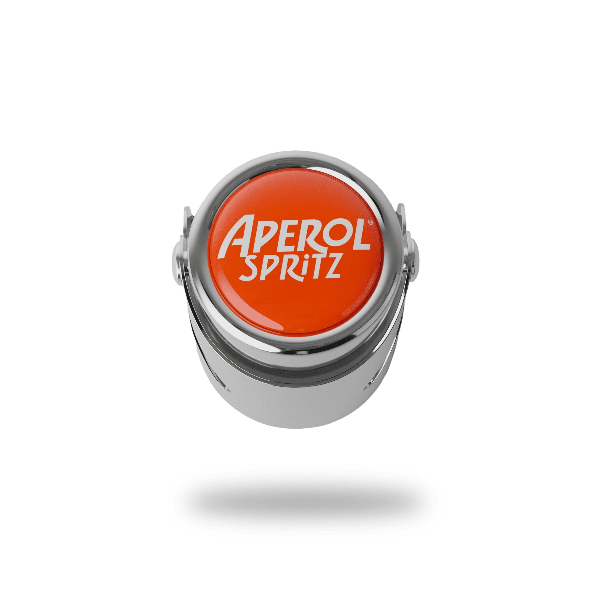 Metal bottle stopper viewed from above, featuring a bright orange button with the Aperol Spritz logo.
