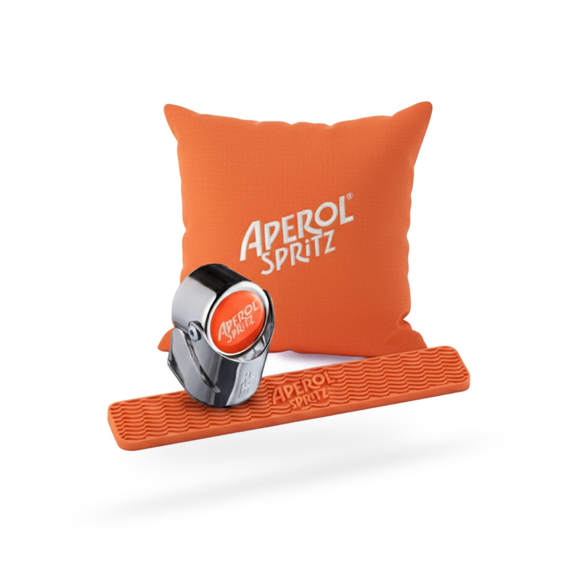 Orange pillow and coaster set with 'Aperol Spritz' branding on a white background