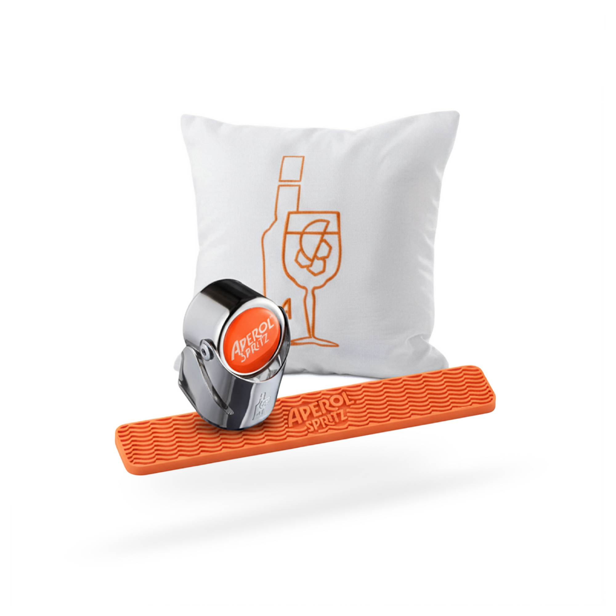 Aperol Spritz branded items including a ring, bottle opener, and pillow on a white background
