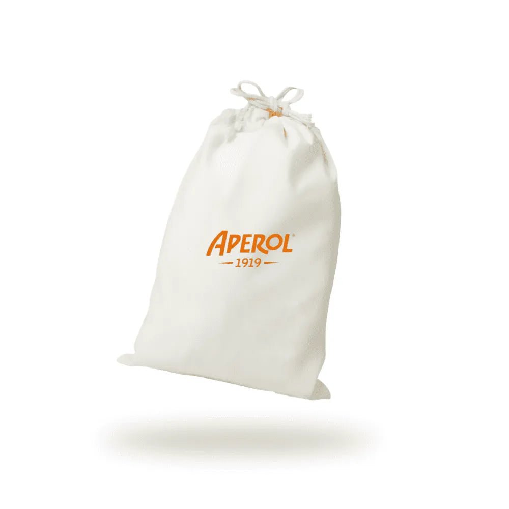 White drawstring cotton pouch with 'APEROL 1919' printed in orange on the front, floating against a white background.