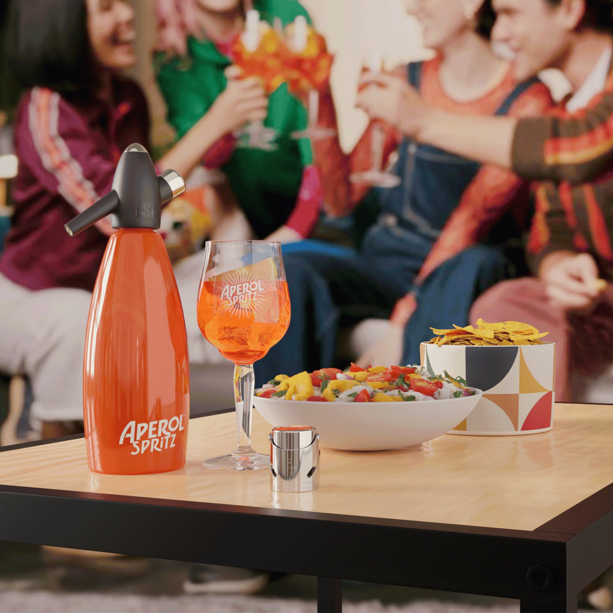 An orange Aperol Spritz siphon, a filled glass, chips, and a guacamole bowl on a coffee table; in the background, a group of friends cheerfully toasting.