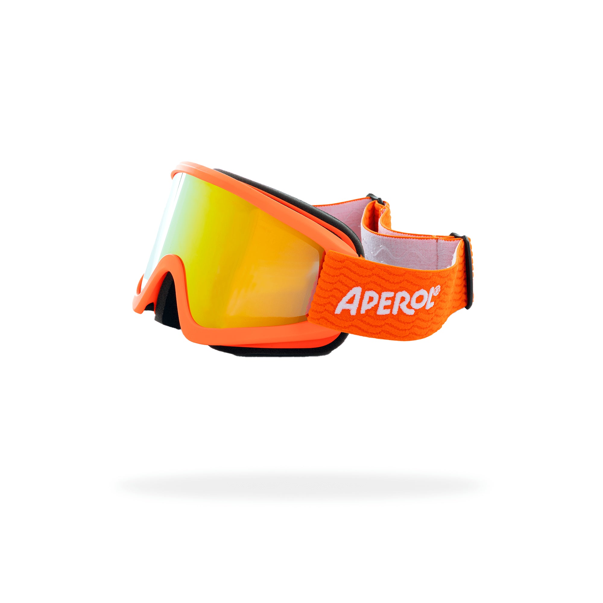 Side view of Aperol-branded ski goggles with reflective orange-yellow lenses and a bright orange strap featuring the white Aperol logo.