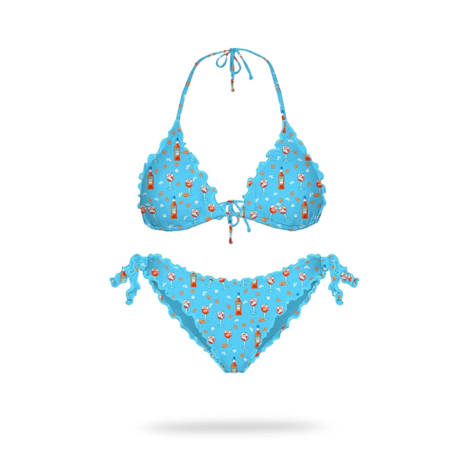 Bright sky-blue women’s two-piece swimsuit featuring a playful Aperol Spritz pattern with glasses, bottles, and orange slices. Triangle top ties at neck and back, matched with scalloped-edge side-tie bottoms.