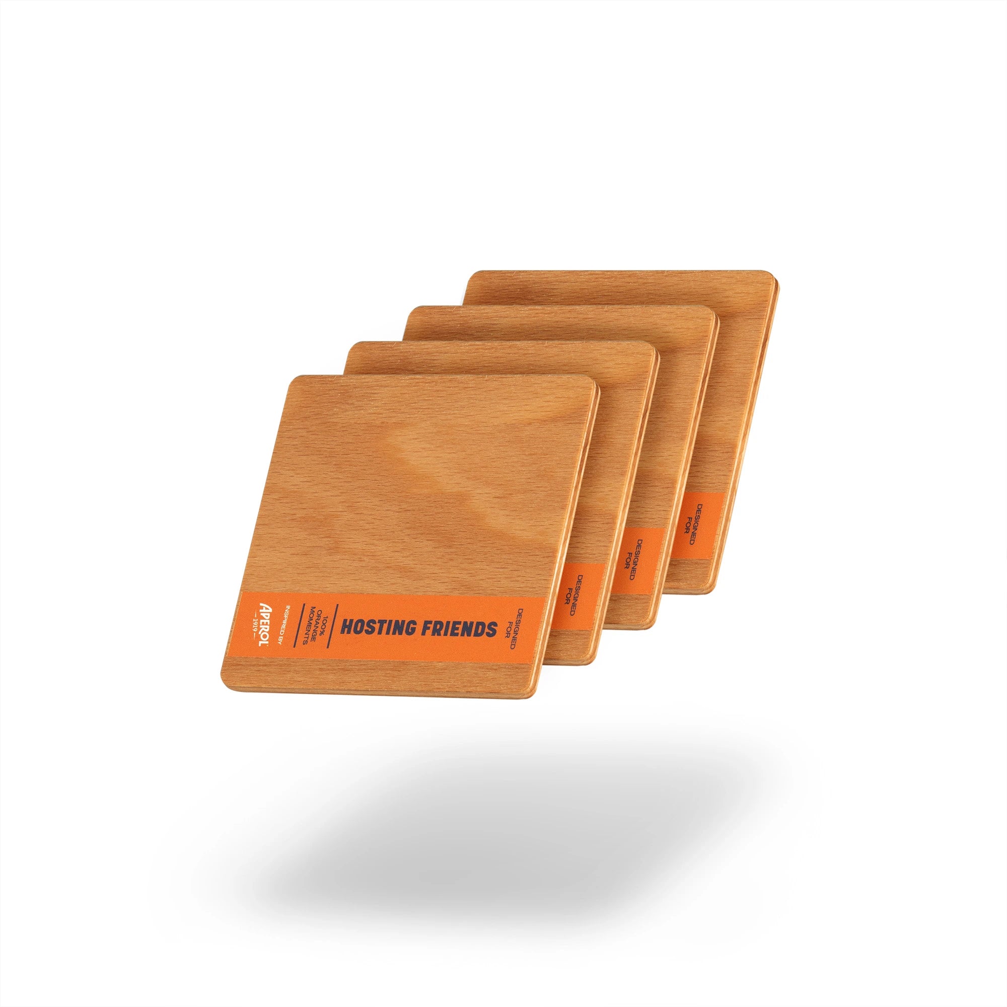 Set of four square wooden coasters with orange accents and 'Hosting Friends' text, floating against a white background.