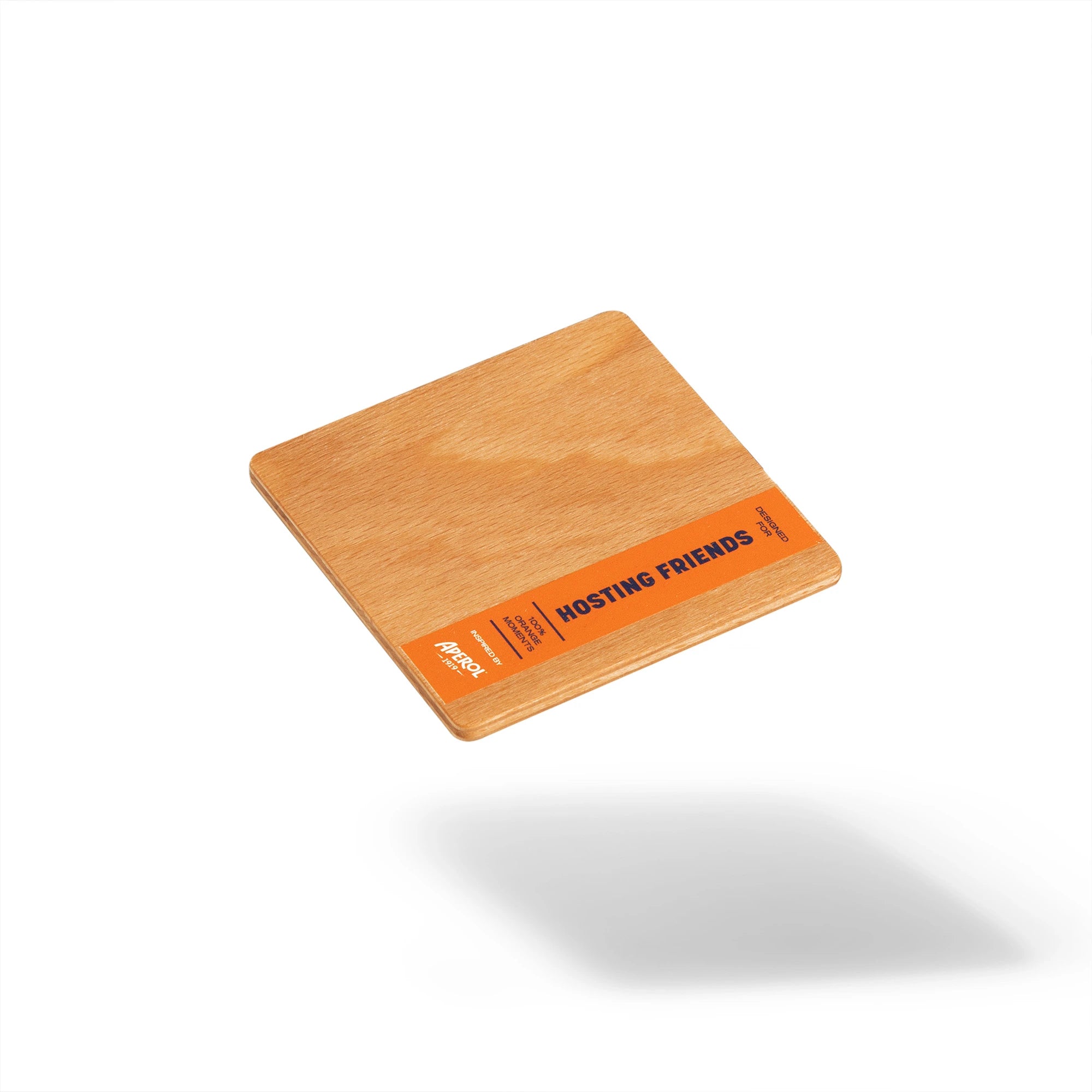 Single square wooden coaster with orange branding strip labeled 'Hosting Friends', floating on a white background with soft shadow.