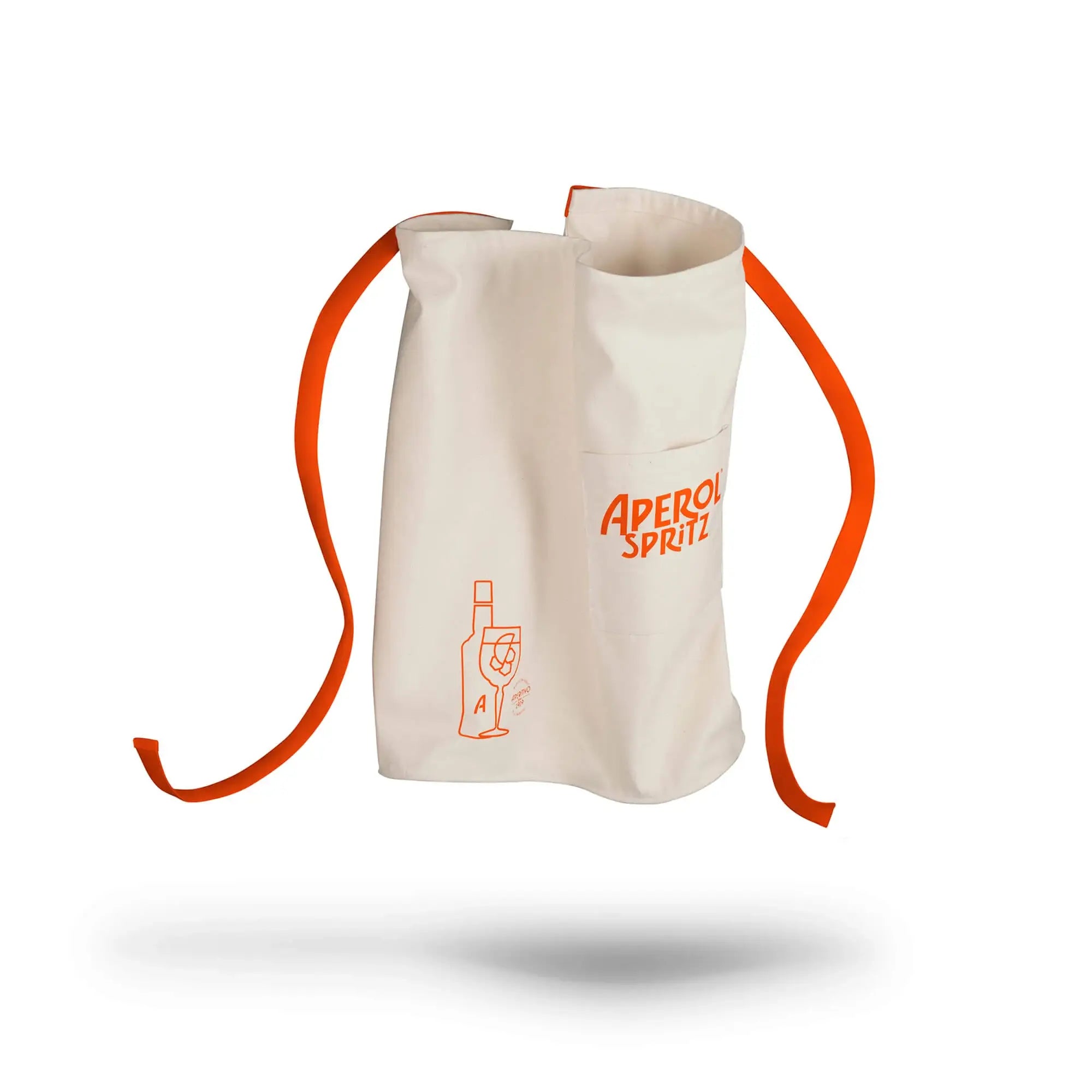 White Aperol Spritz apron with orange illustrations of a bottle and cocktail, featuring a front pocket with the Aperol Spritz logo and orange waist ties.