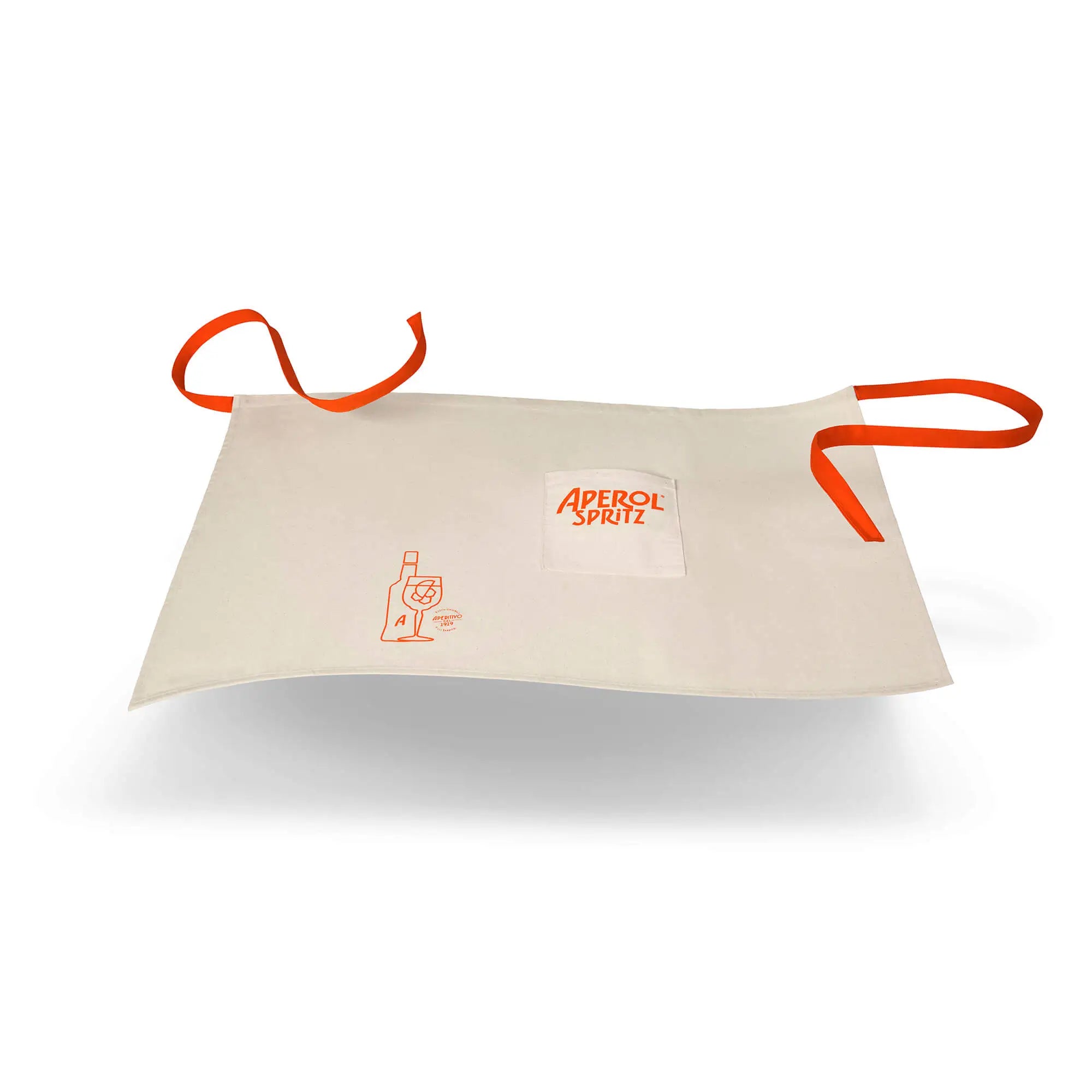 Flat-lay view of an Aperol Spritz apron with bright orange straps, front pocket featuring the logo, and an illustration of a bottle and glass on the lower left side.