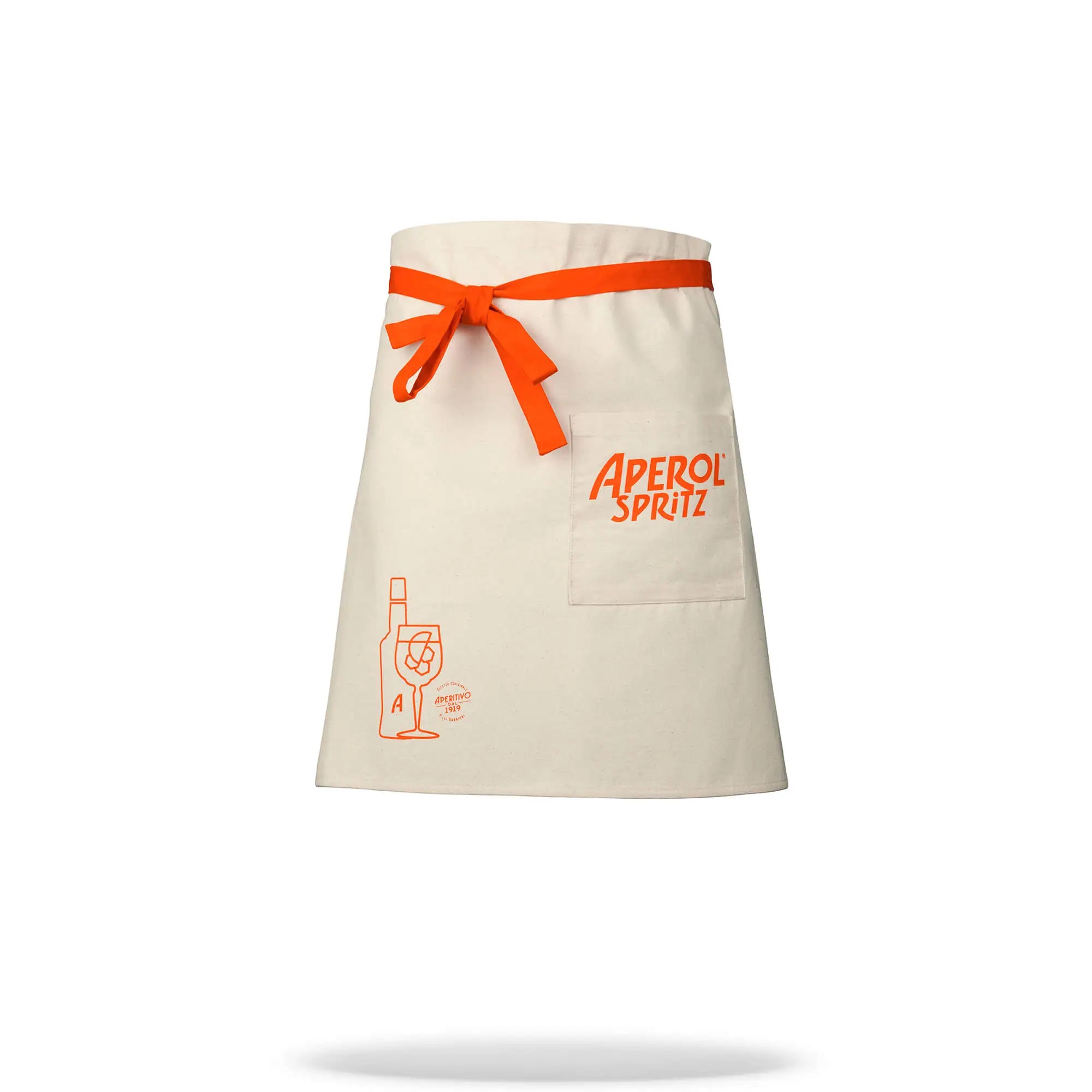 Front view of an Aperol Spritz waist apron with a bright orange tie, front pocket featuring the logo, and an orange line drawing of a bottle and glass on the lower left side.