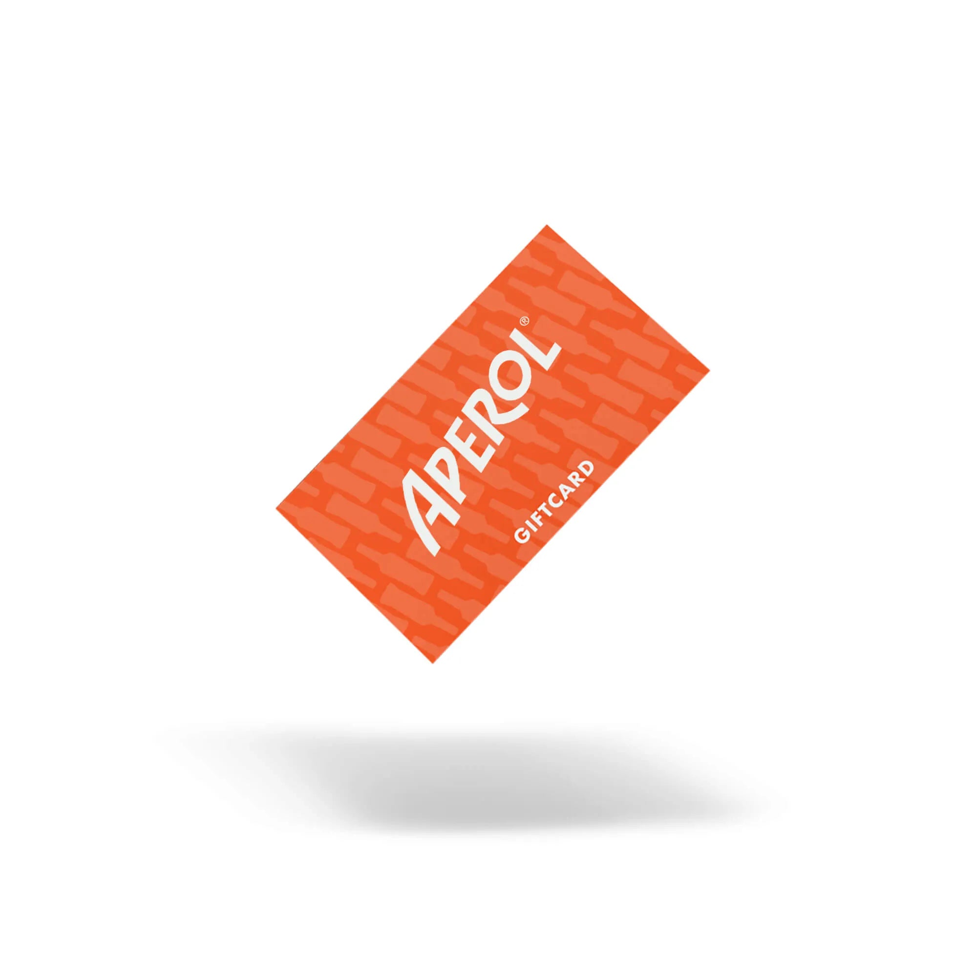 Three orange Aperol gift cards standing upright against a white surface, each featuring the word 'APEROL' in bold white letters with a subtle bottle pattern in the background.