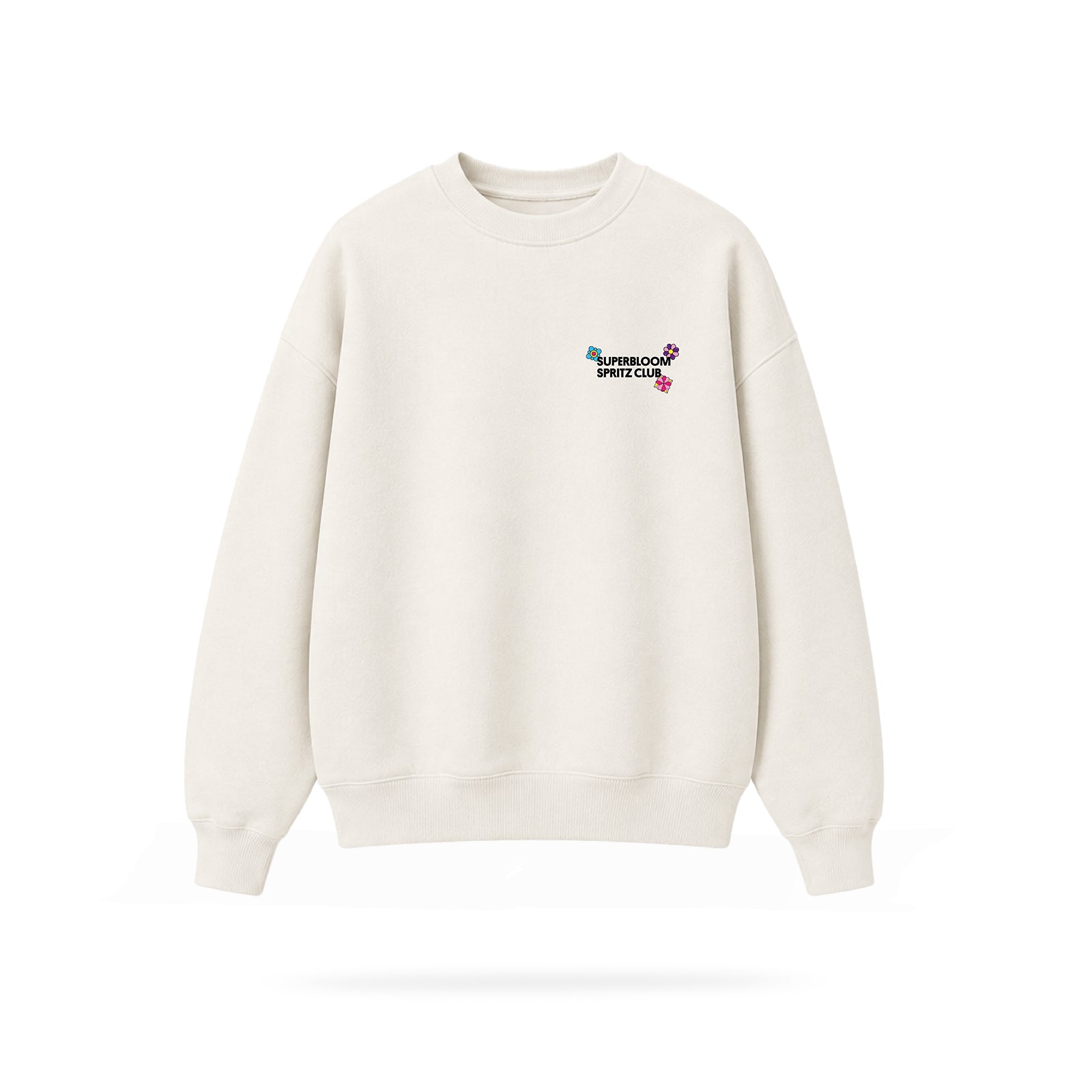 Aperol x SUPERBLOOM Sweatshirt in Creme mit SUPERBLOOM SPRITZ CLUB Logo und Blumenmotiven.
