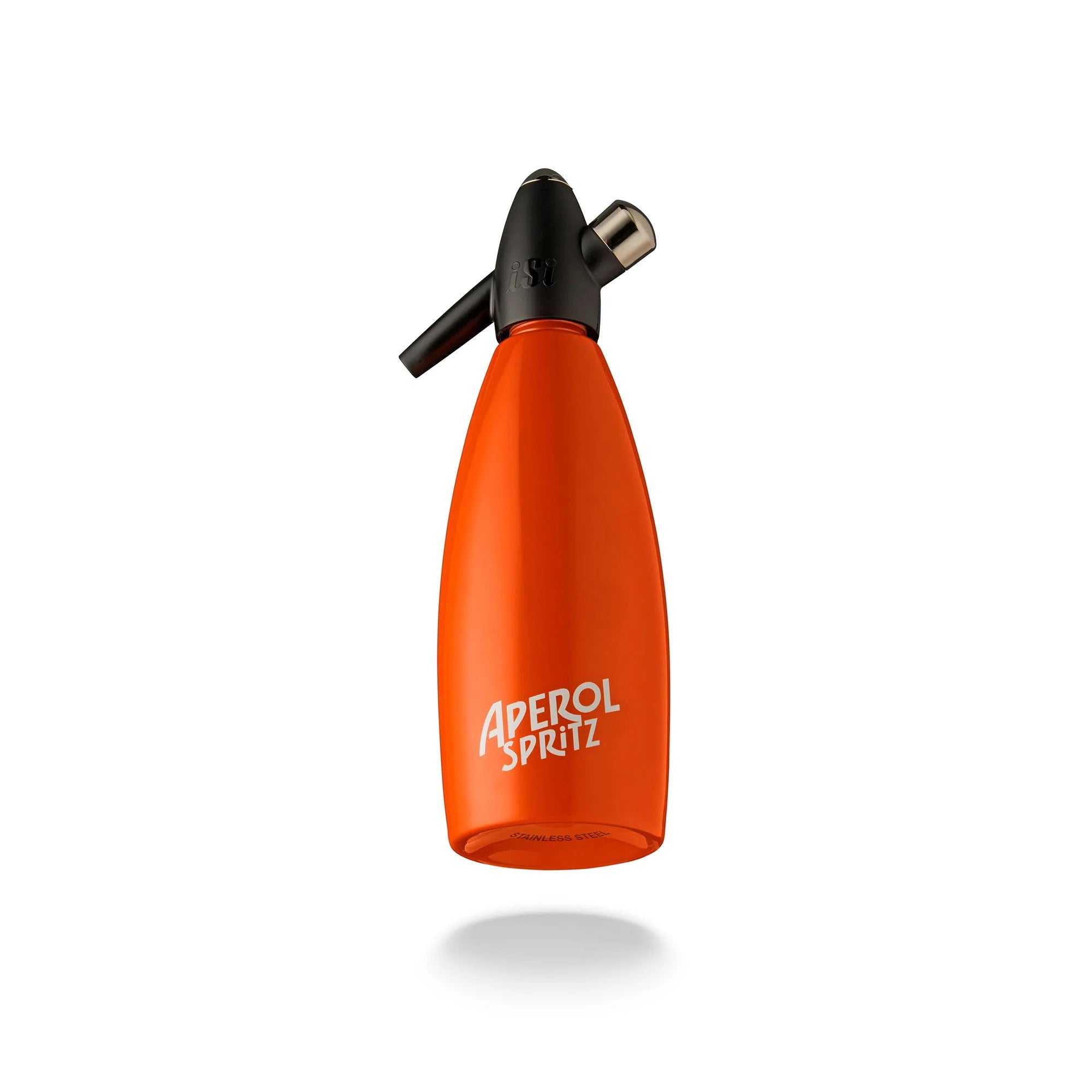 Orange Aperol Spritz soda siphon with black top and metallic spout, for preparing sparkling cocktails