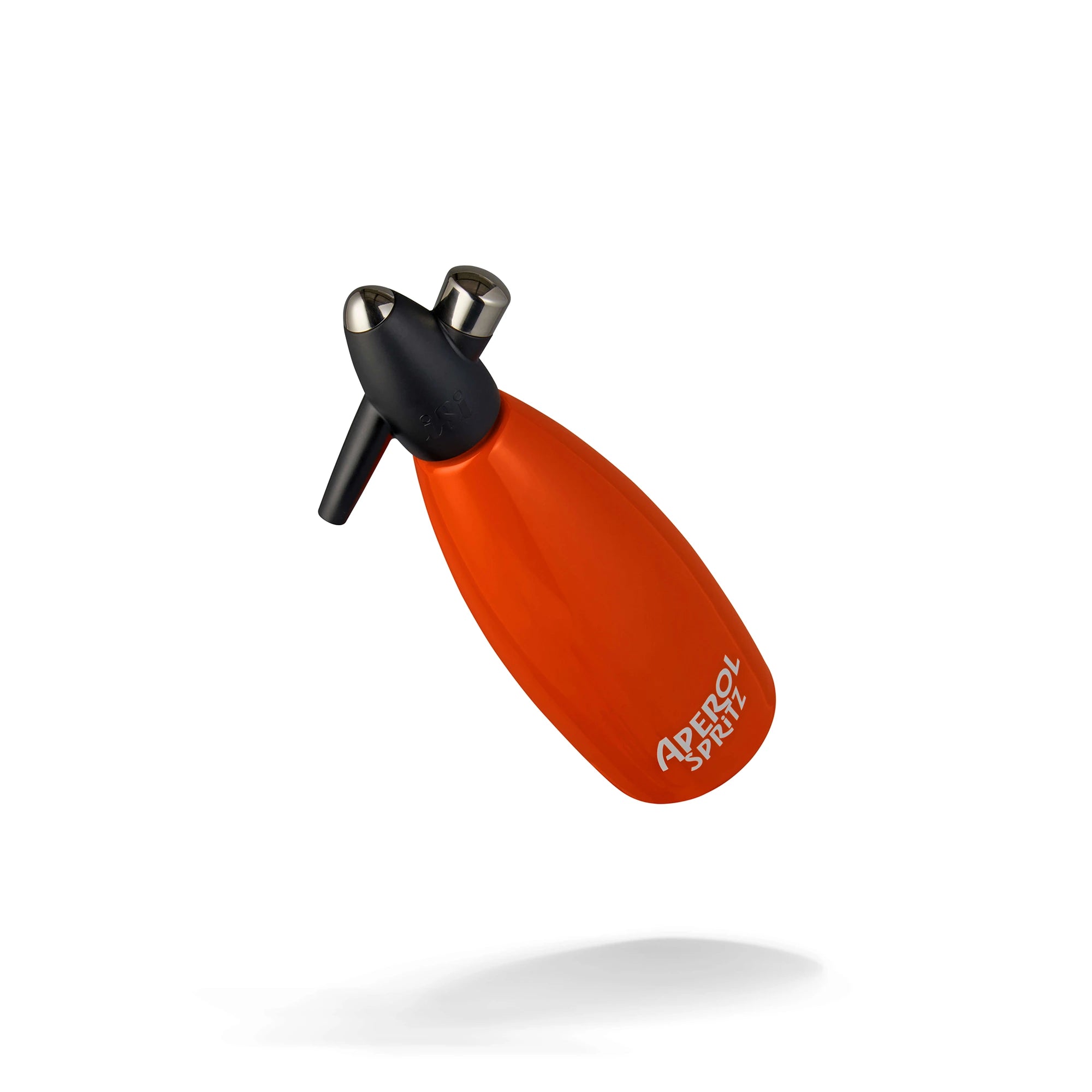 Floating Aperol Spritz soda syphon in vibrant orange with a black nozzle, photographed on a white background with a soft shadow underneath.