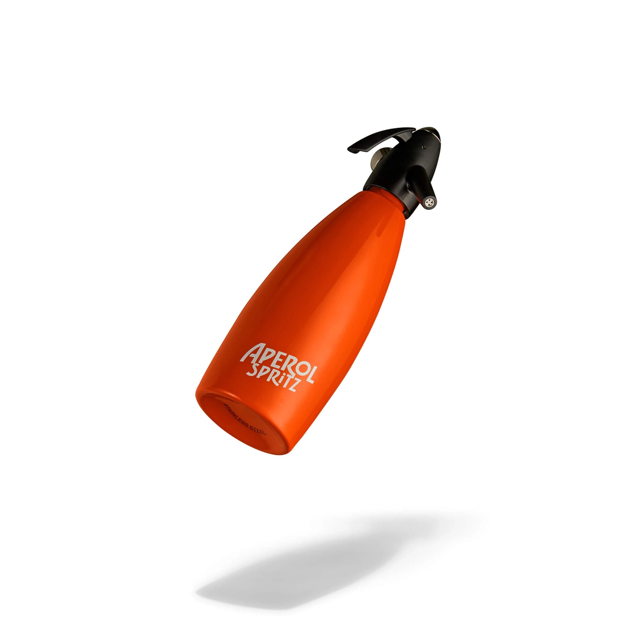Floating Aperol Spritz soda syphon in vibrant orange with a black nozzle, photographed on a white background with a soft shadow underneath.