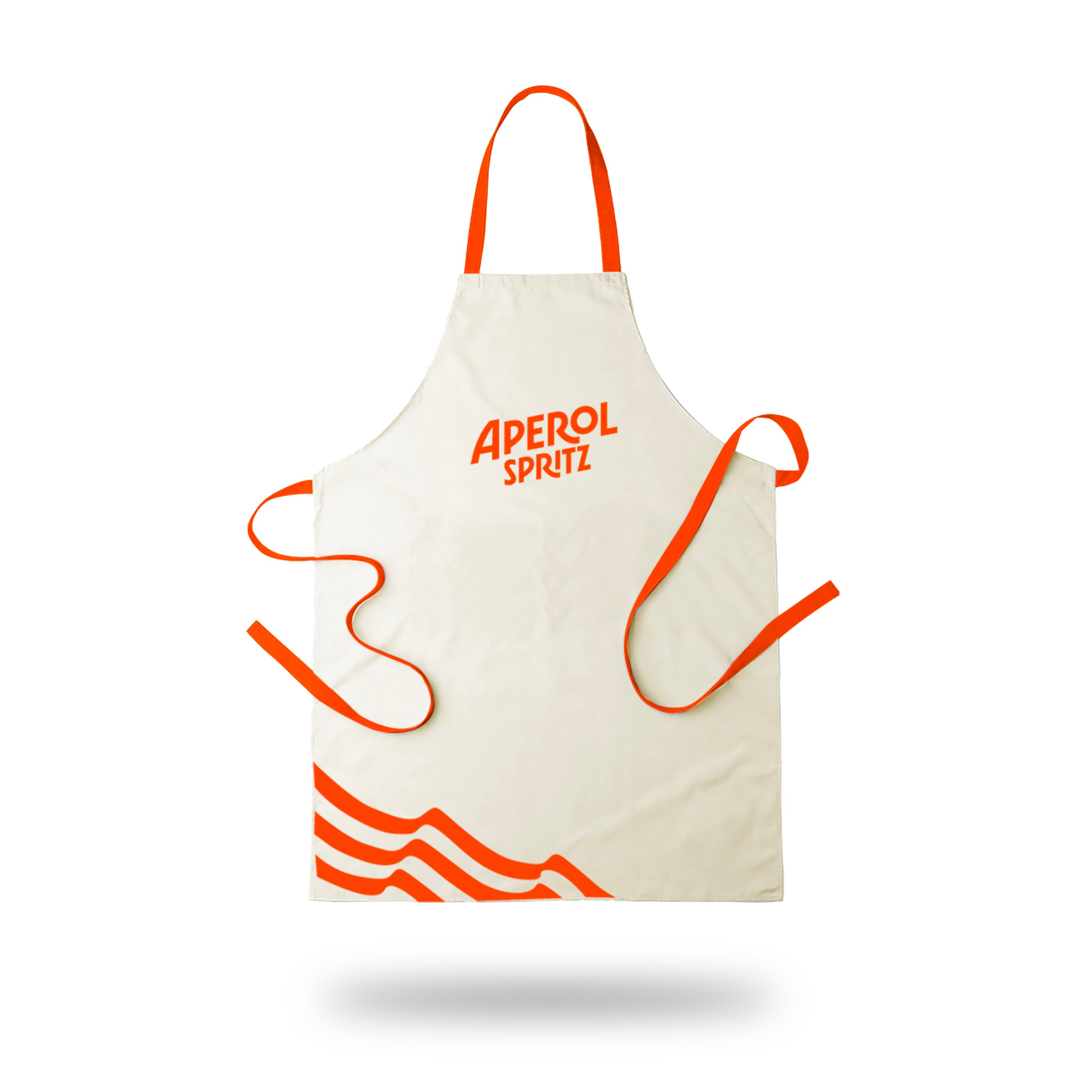 White Aperol Spritz apron with orange straps and central logo, featuring orange wave patterns in the bottom left corner.