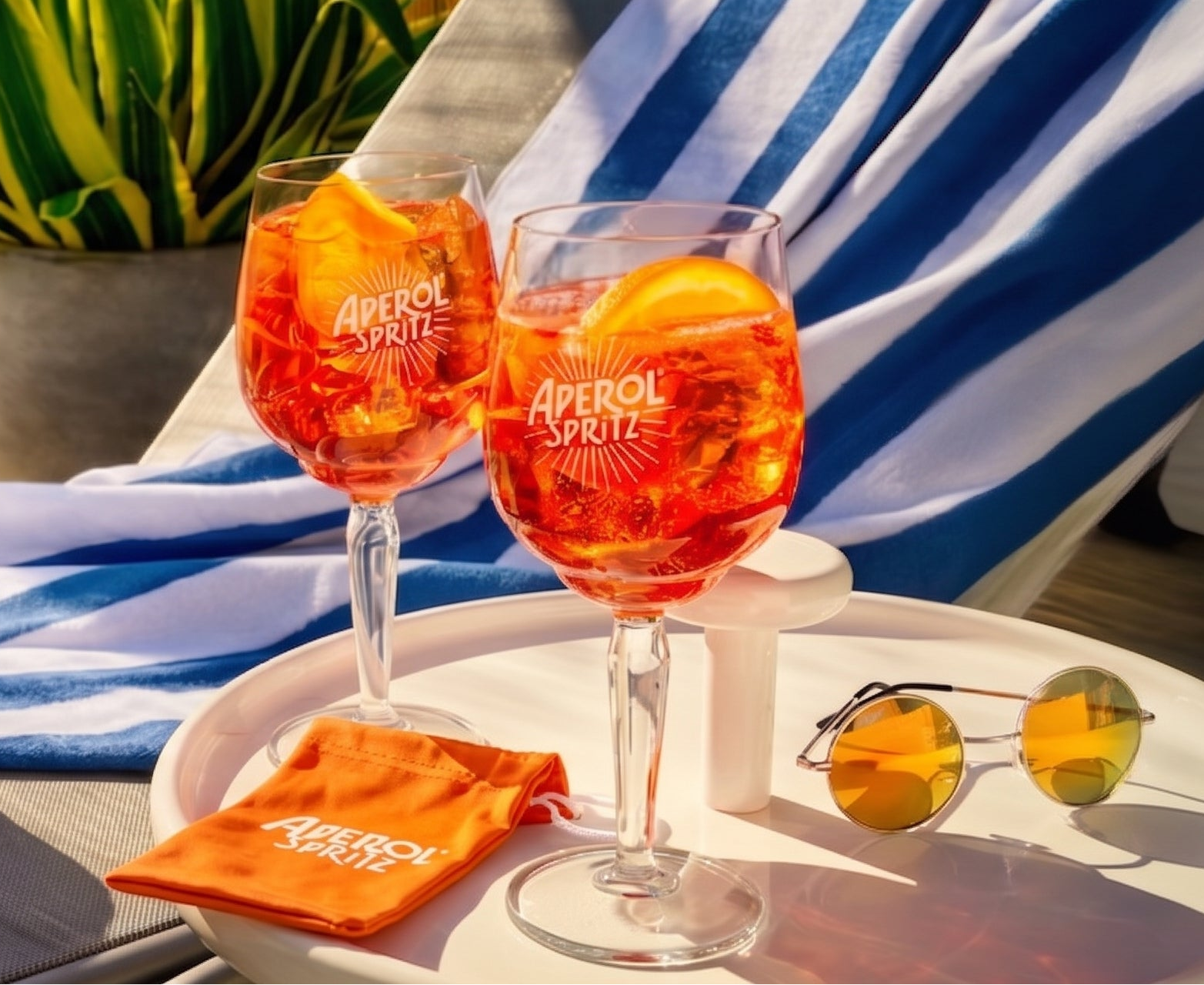 Two Aperol Spritz cocktails on a table with a striped hat and sunglasses, set against a sunlit background.