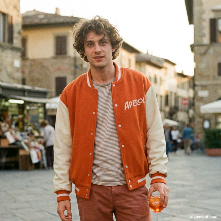 Man wearing an orange and white letterman jacket with 'Aperol' branding in an outdoor setting.