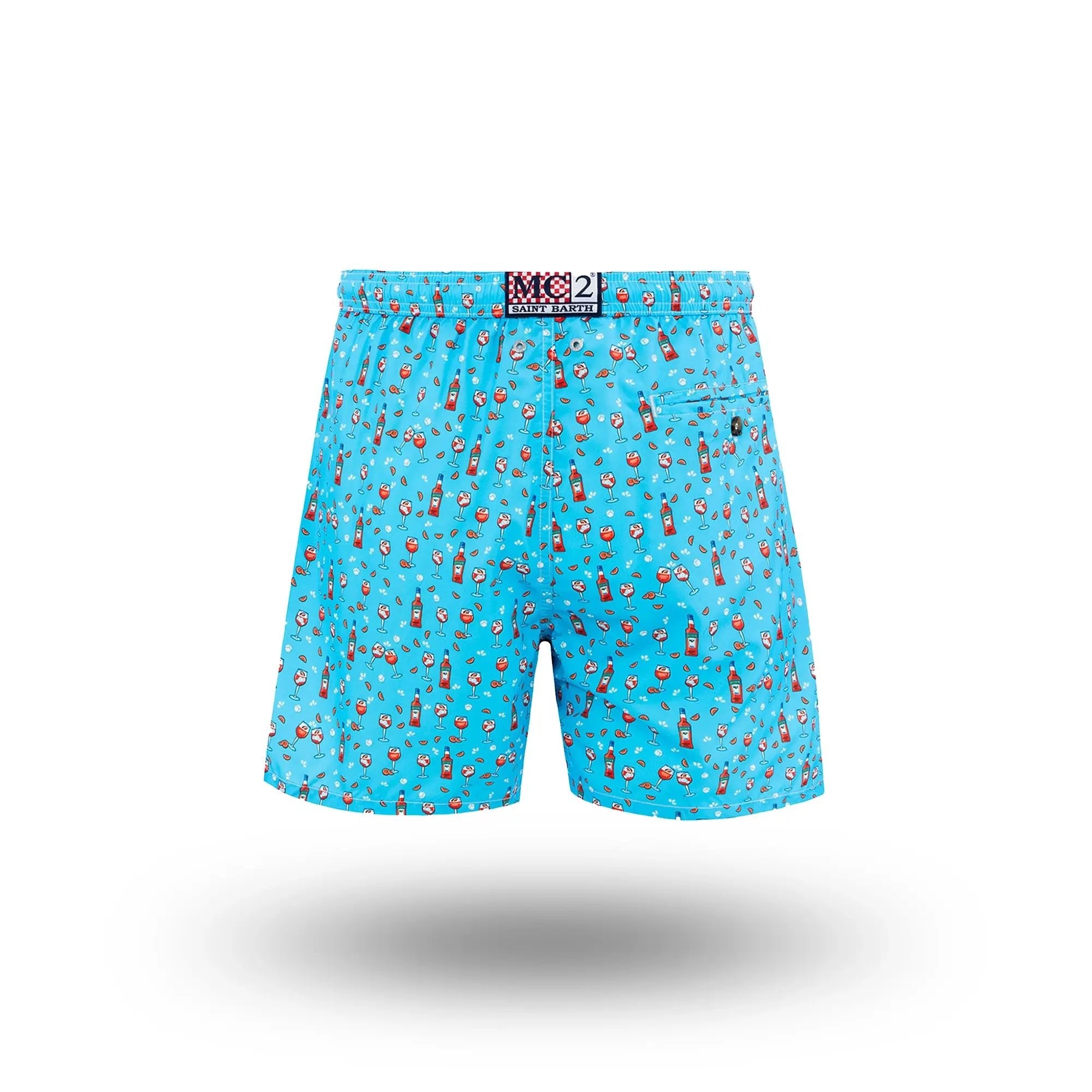 Blue Lightweight Swim Shorts with Aperol Print: MC2 Saint Barth Blue Lightweight Swim Shorts with Aperol Print: MC2 Saint Barth