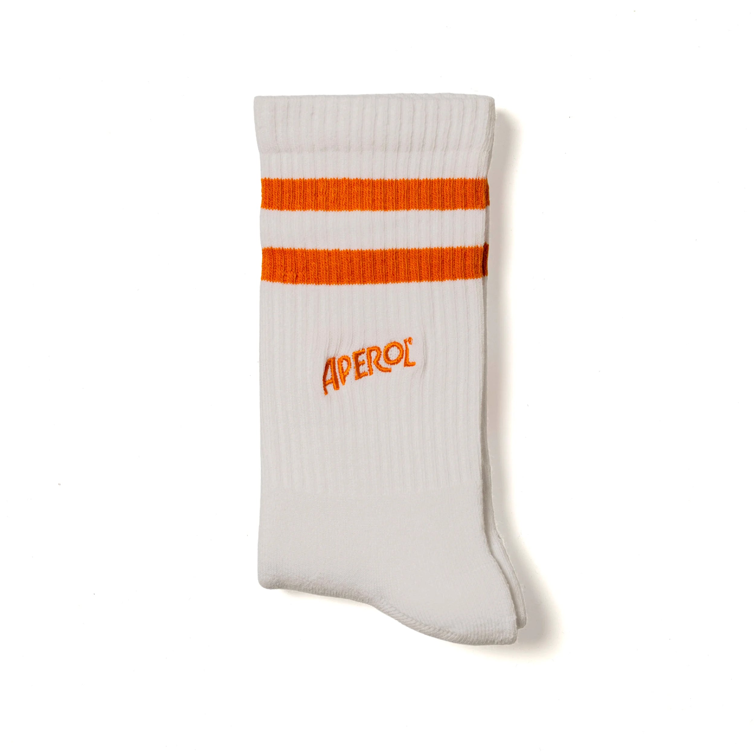 White sock with orange stripes and 'Aperol' branding on a white background