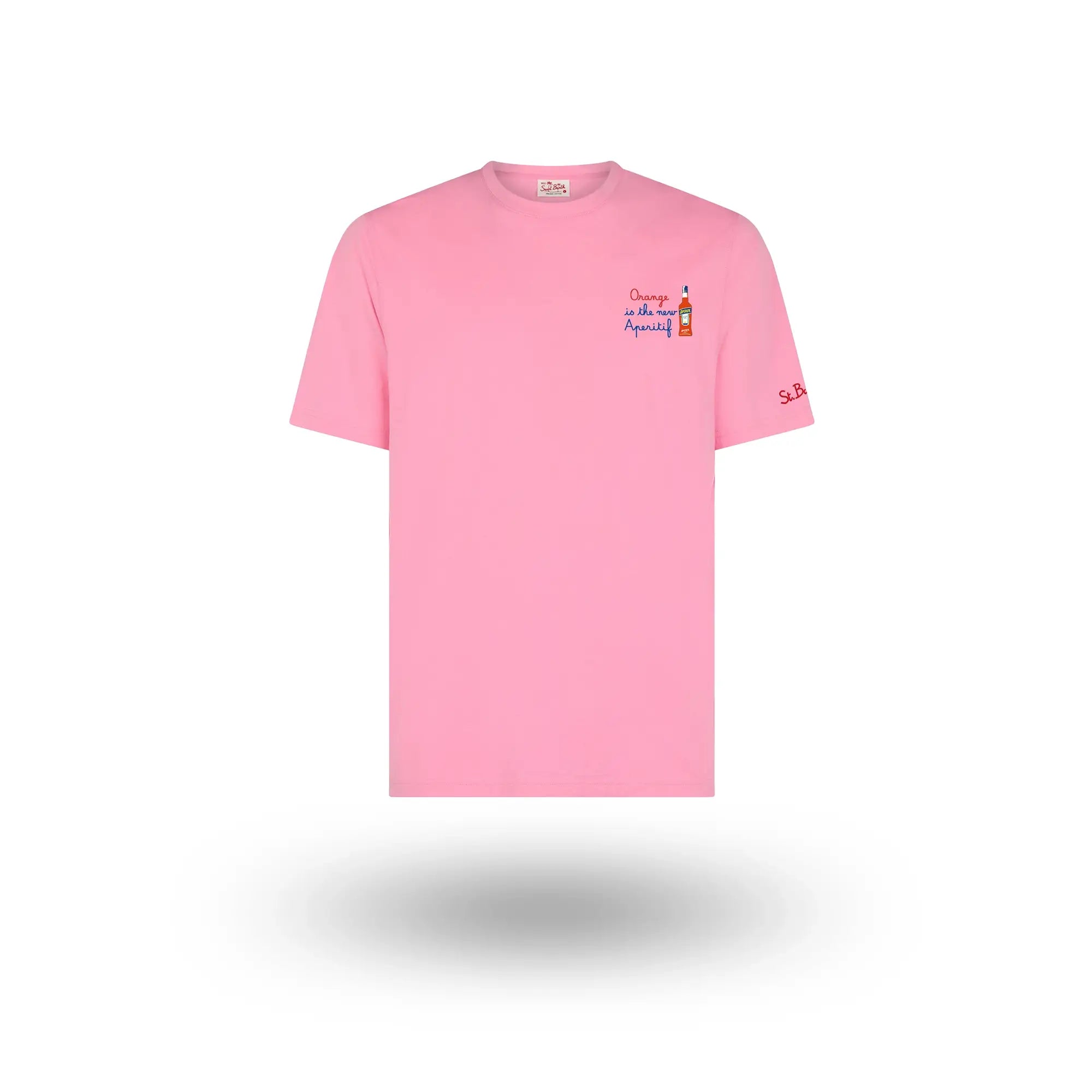 PINK COTTON T-SHIRT WITH ‘ORANGE IS THE NEW APERITIF’ EMBROIDERY | MC2 SAINT BARTH