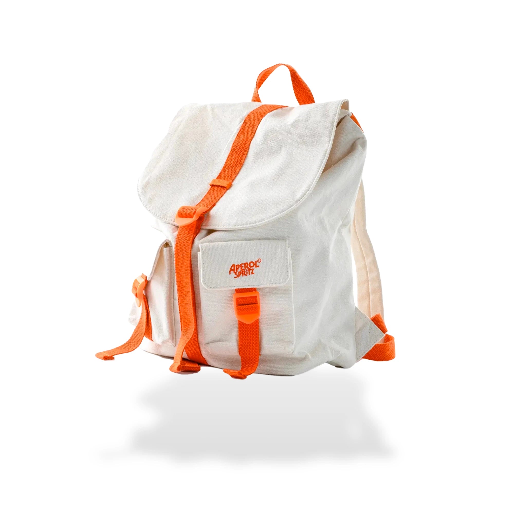 Cream canvas backpack with bright orange straps and embroidered Aperol Spritz logo on the front pocket.