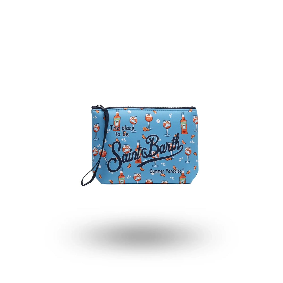 ‘SCUBA POCHETTE’ SMALL BLUE SUMMER BAG WITH APEROL PRINT I MC2 SAINT BARTH